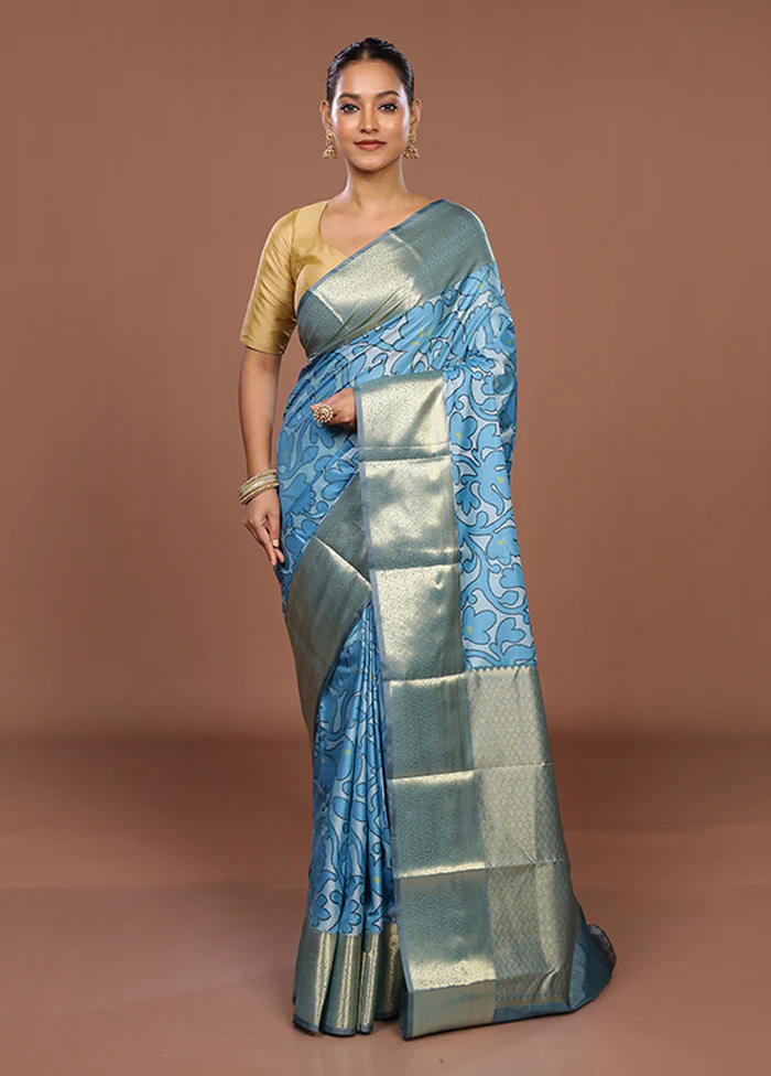 Blue Kanjivaram Silk Saree With Blouse Piece - Image 2