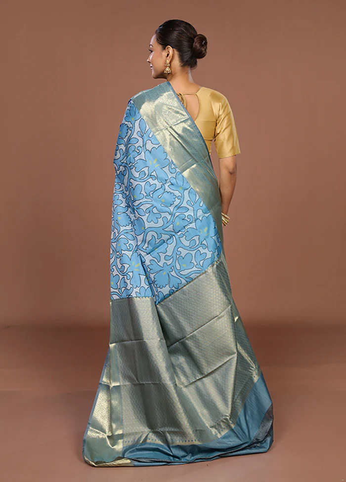 Blue Kanjivaram Silk Saree With Blouse Piece - Image 3