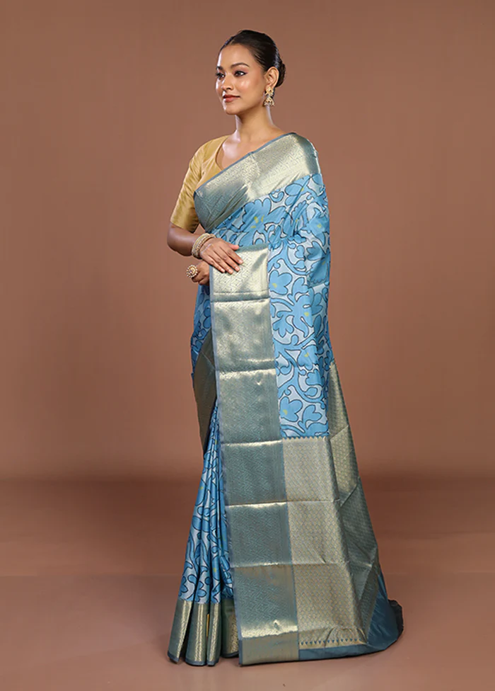 Blue Kanjivaram Silk Saree With Blouse Piece - Image 4