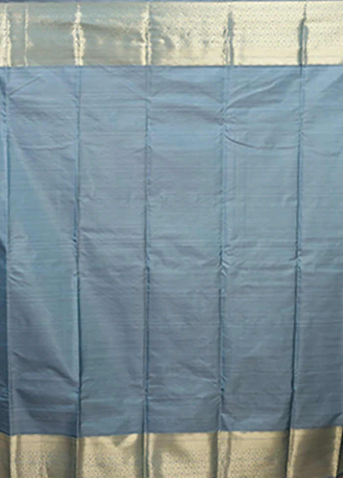 Blue Kanjivaram Silk Saree With Blouse Piece - Image 5