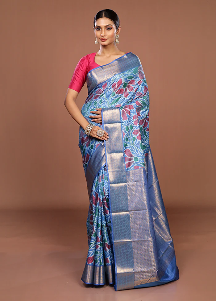 Blue Kanjivaram Silk Saree With Blouse Piece - Image 2