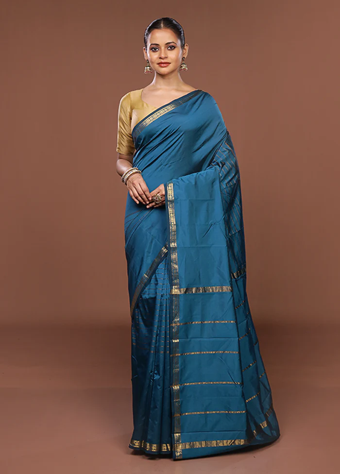 Blue Kanjivaram Silk Saree With Blouse Piece - Image 2