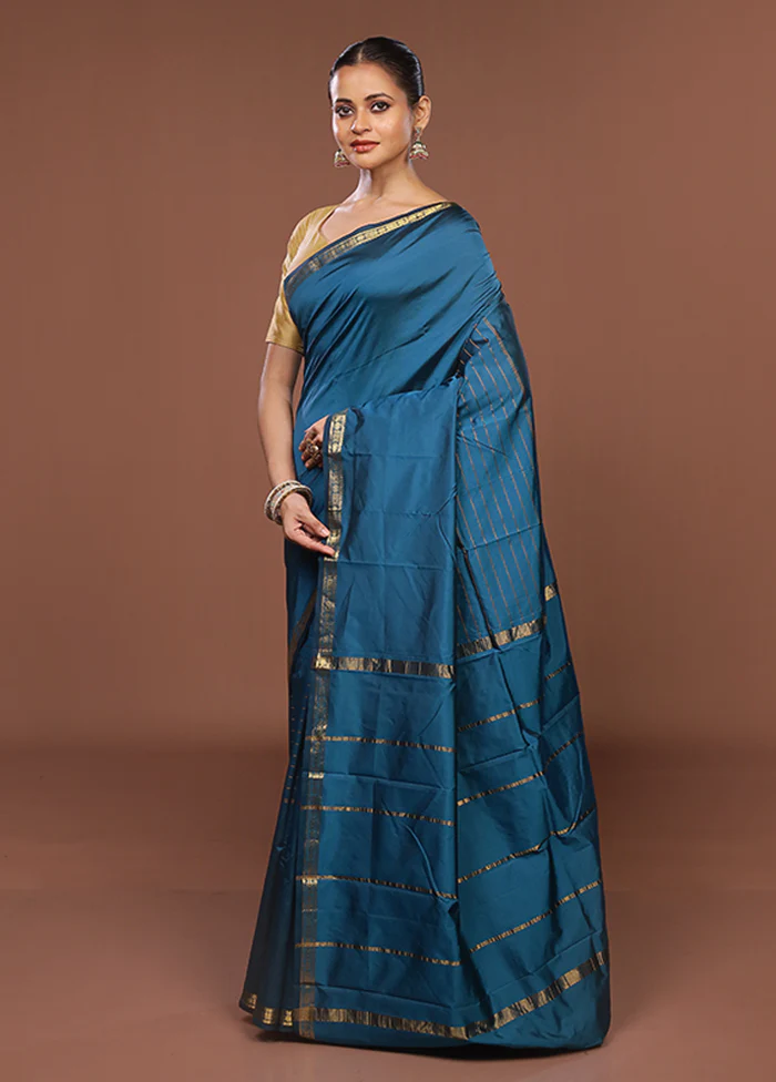 Blue Kanjivaram Silk Saree With Blouse Piece - Image 4