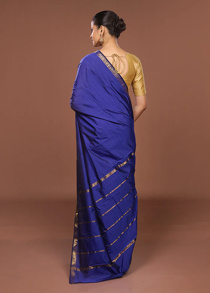 Blue Kanjivaram Silk Saree With Blouse Piece - Image 3