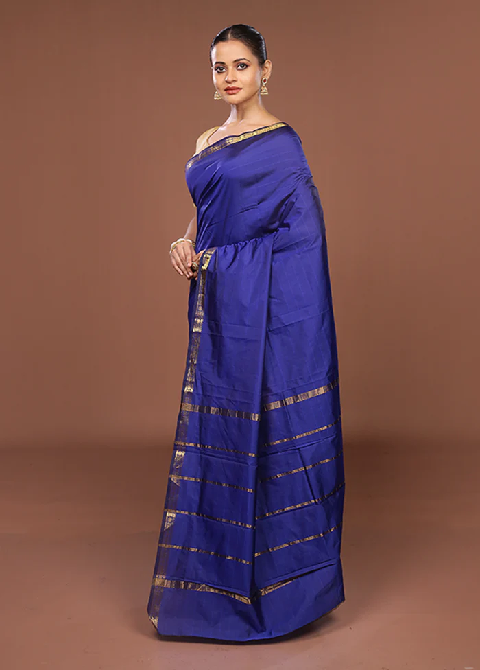 Blue Kanjivaram Silk Saree With Blouse Piece - Image 4