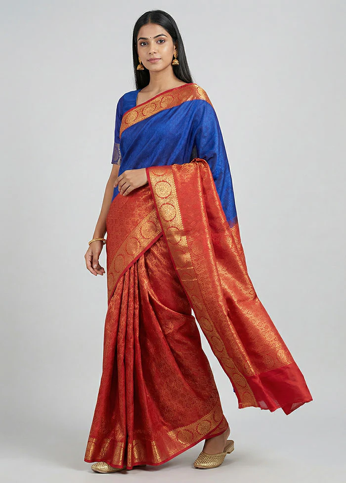 Blue Kanjivaram Silk Saree With Blouse Piece