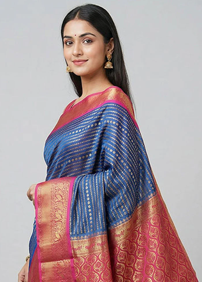 Blue Kanjivaram Silk Saree With Blouse Piece - Image 2