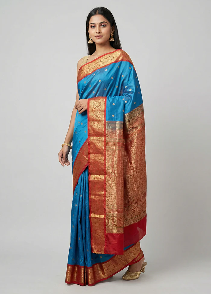 Blue Kanjivaram Silk Saree With Blouse Piece