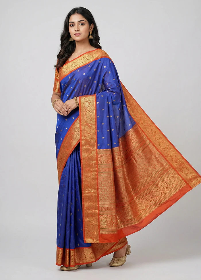 Blue Kanjivaram Silk Saree With Blouse Piece