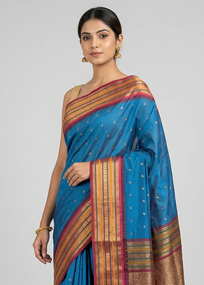 Blue Kanjivaram Silk Saree With Blouse Piece - Image 2