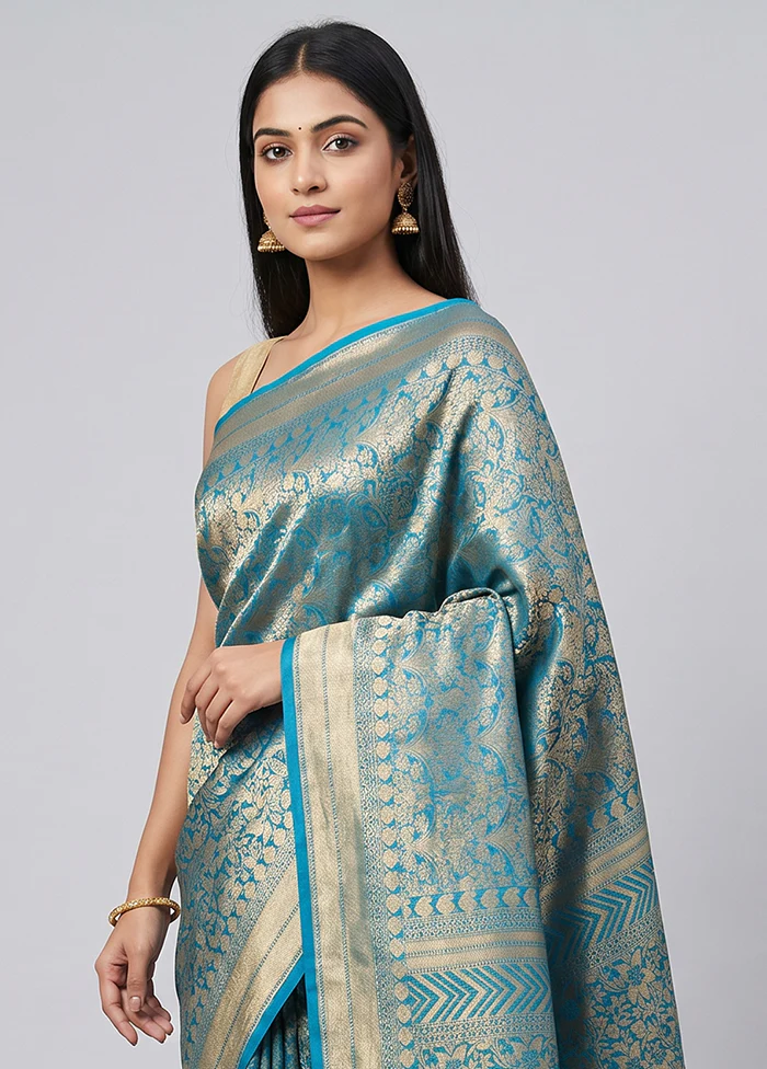 Blue Kanjivaram Silk Saree With Blouse Piece - Image 2