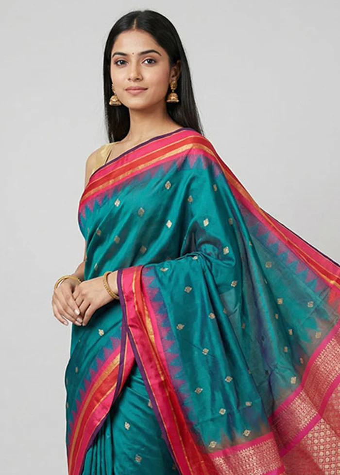 Blue Kanjivaram Silk Saree With Blouse Piece - Image 2