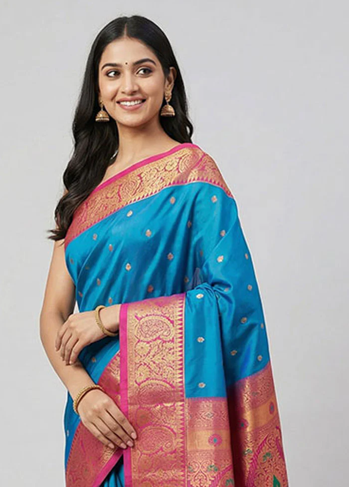 Blue Kanjivaram Silk Saree With Blouse Piece - Image 2