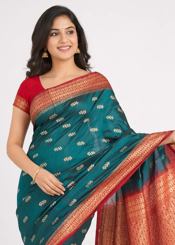 Blue Kanjivaram Silk Saree With Blouse Piece - Image 2