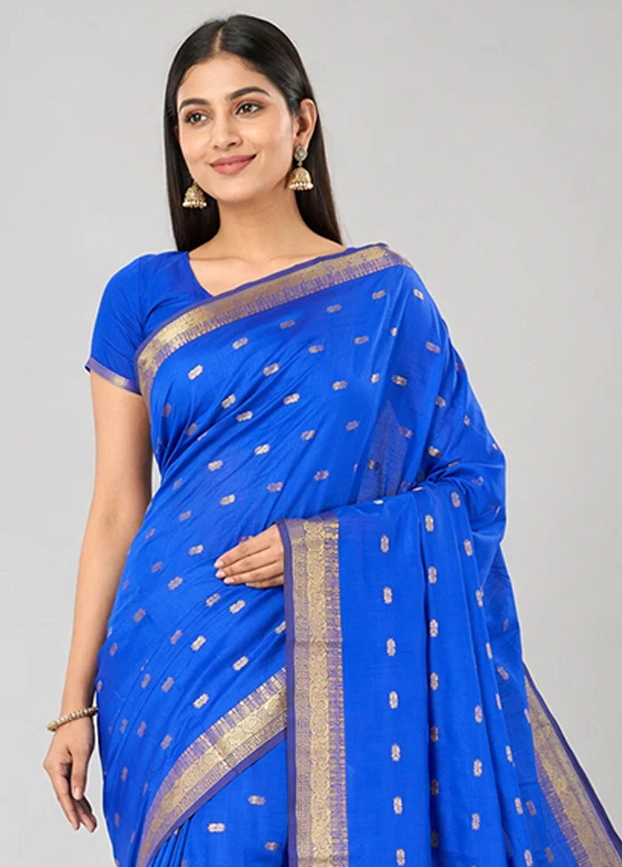 Blue Kanjivaram Silk Saree With Blouse Piece - Image 2