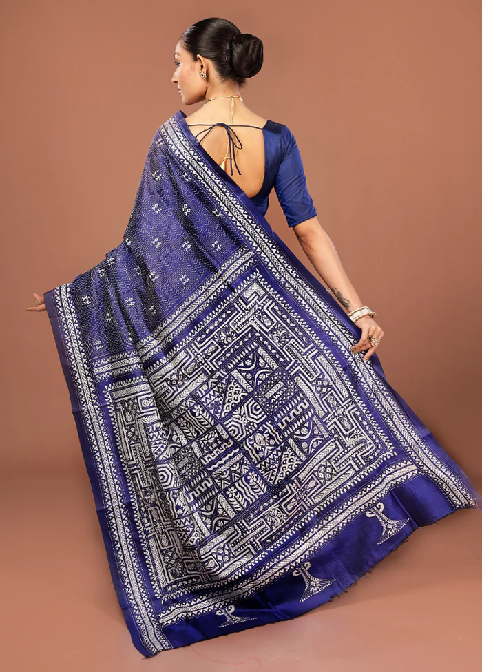Blue Kantha Stitch Pure Silk Saree With Blouse Piece - Image 3