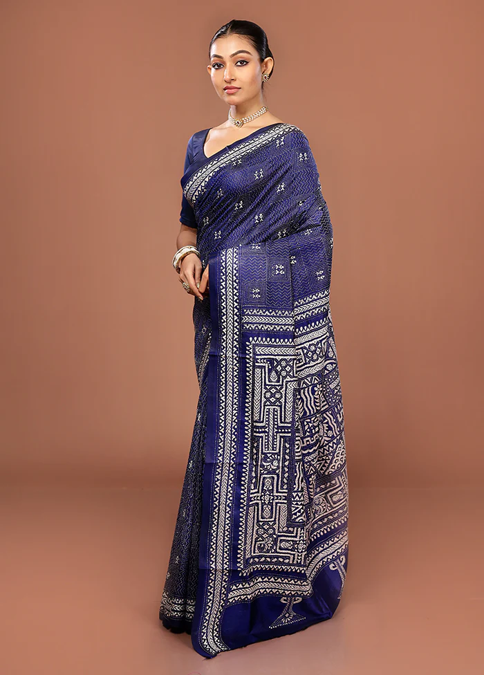 Blue Kantha Stitch Pure Silk Saree With Blouse Piece - Image 4