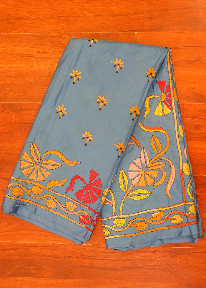 Grey Kantha Stitch Silk Saree With Blouse Piece