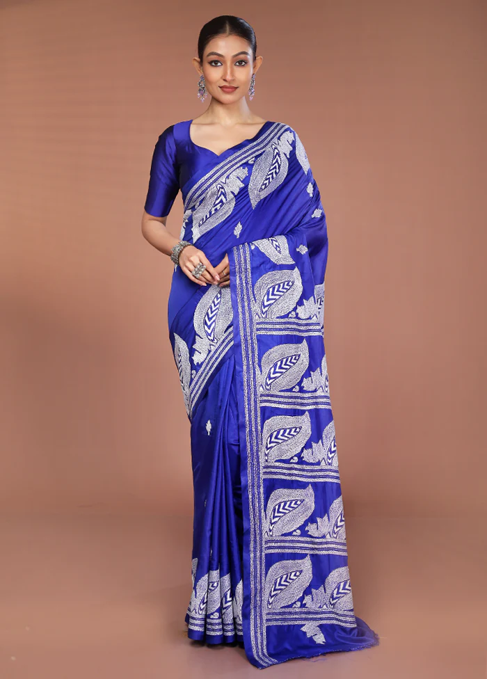 Blue Kantha Stitch Silk Saree With Blouse Piece - Image 2