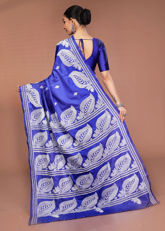 Blue Kantha Stitch Silk Saree With Blouse Piece - Image 3
