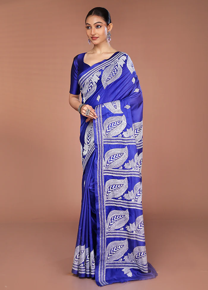 Blue Kantha Stitch Silk Saree With Blouse Piece - Image 4