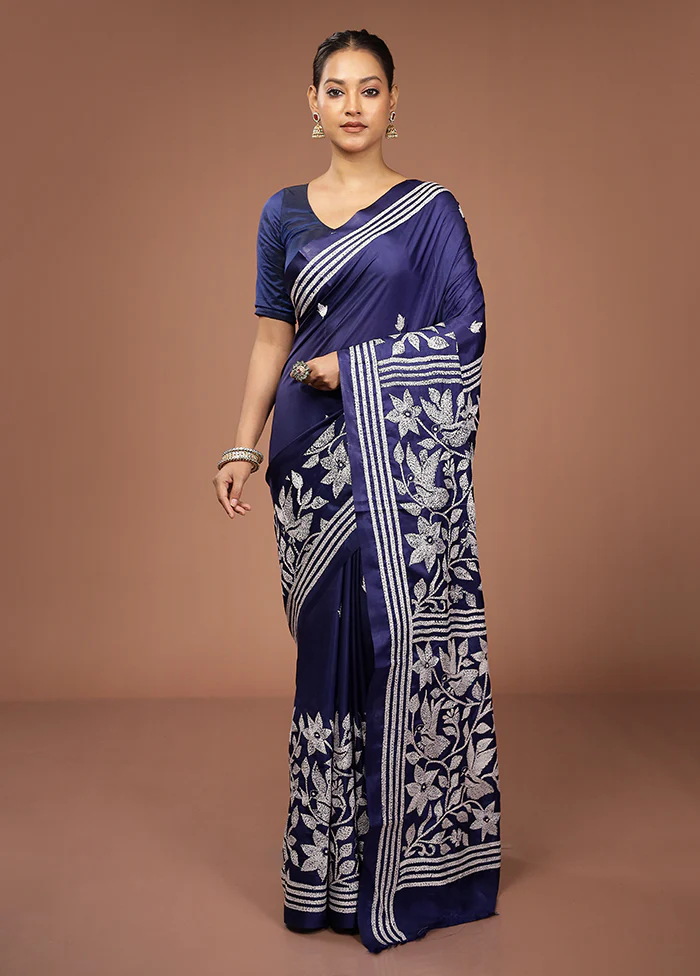 Blue Kantha Stitch Silk Saree With Blouse Piece - Image 2