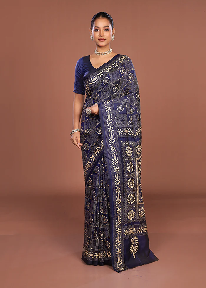 Blue Kantha Stitch Silk Saree With Blouse Piece - Image 2