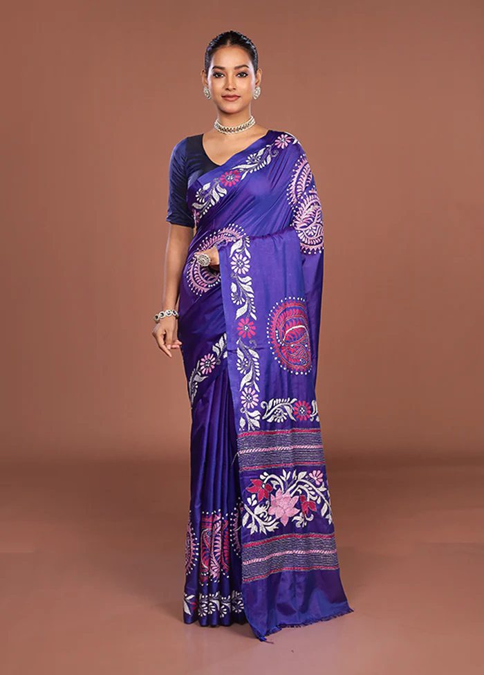 Blue Kantha Stitch Silk Saree With Blouse Piece - Image 2