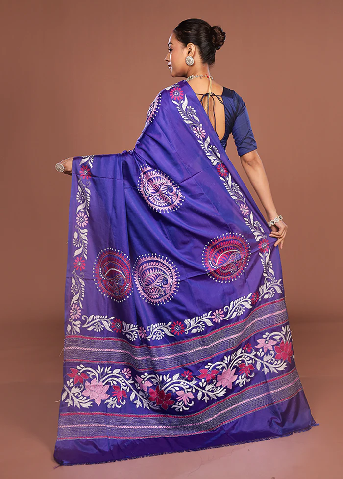 Blue Kantha Stitch Silk Saree With Blouse Piece - Image 3