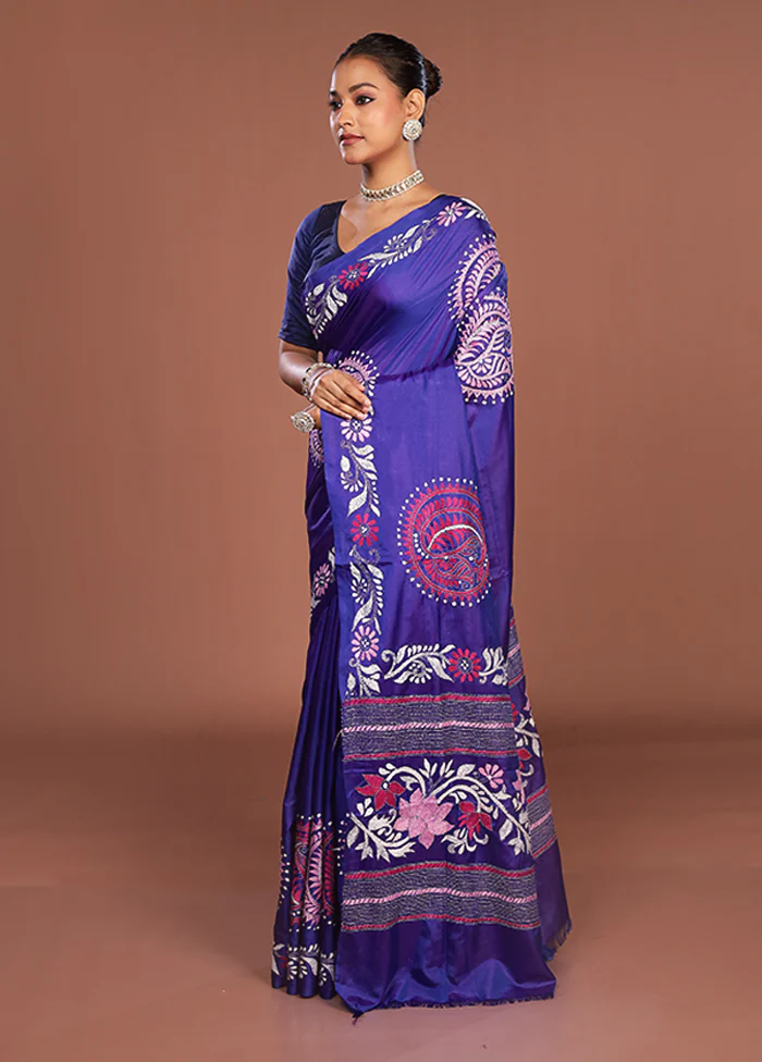 Blue Kantha Stitch Silk Saree With Blouse Piece - Image 4