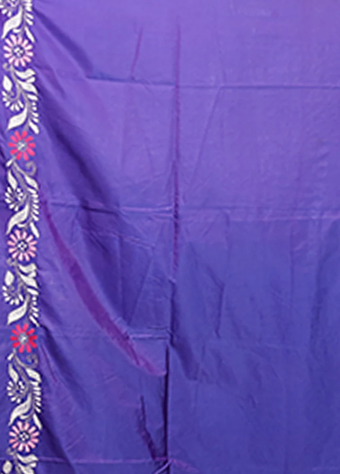 Blue Kantha Stitch Silk Saree With Blouse Piece - Image 5
