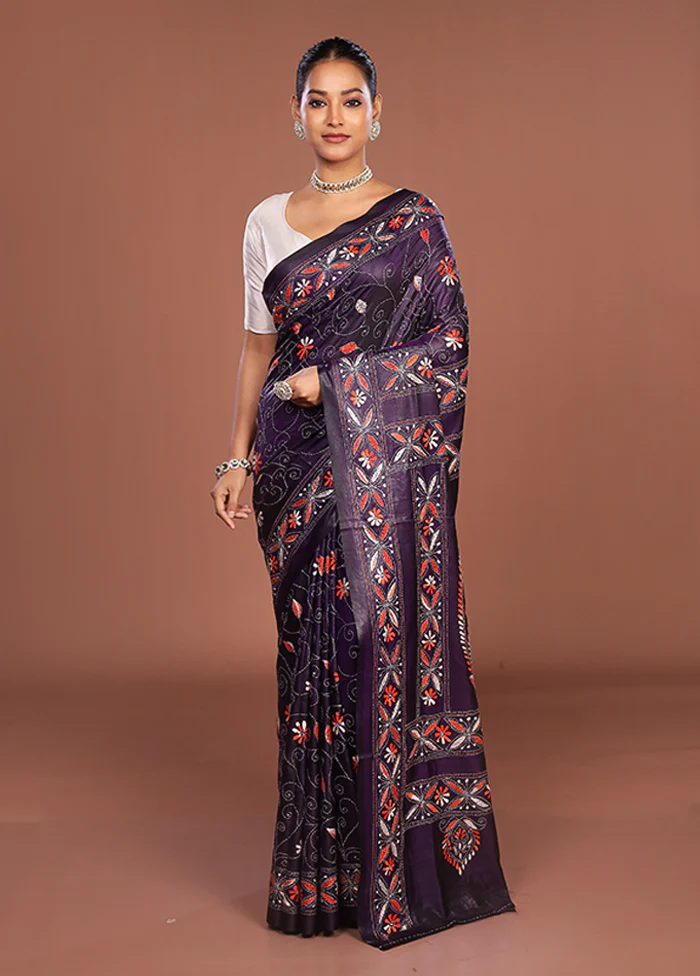 Blue Kantha Stitch Silk Saree With Blouse Piece - Image 2