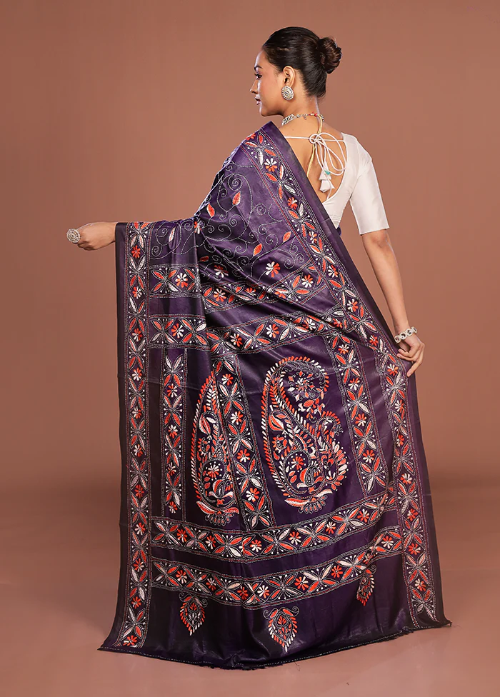 Blue Kantha Stitch Silk Saree With Blouse Piece - Image 3
