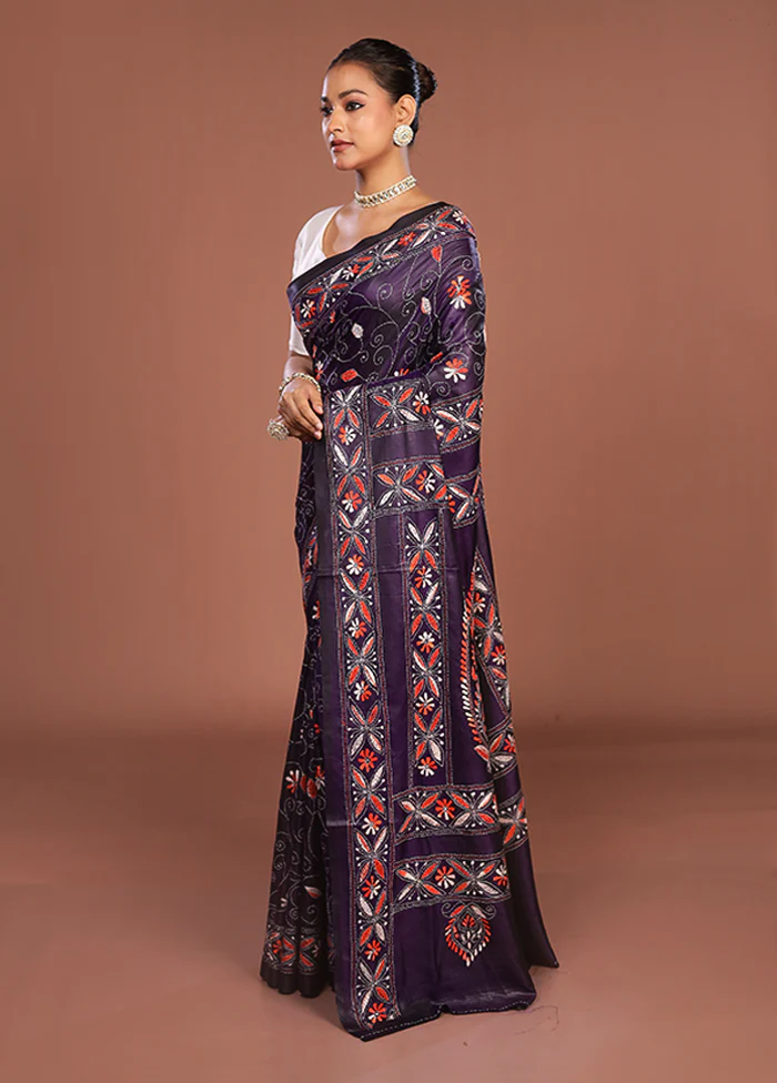Blue Kantha Stitch Silk Saree With Blouse Piece - Image 4