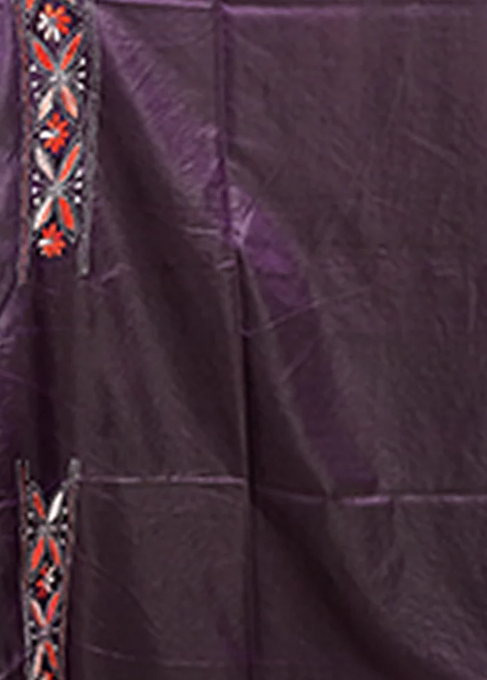 Blue Kantha Stitch Silk Saree With Blouse Piece - Image 5