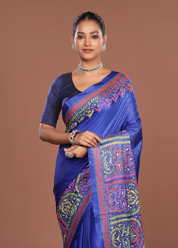Blue Kantha Stitch Silk Saree With Blouse Piece