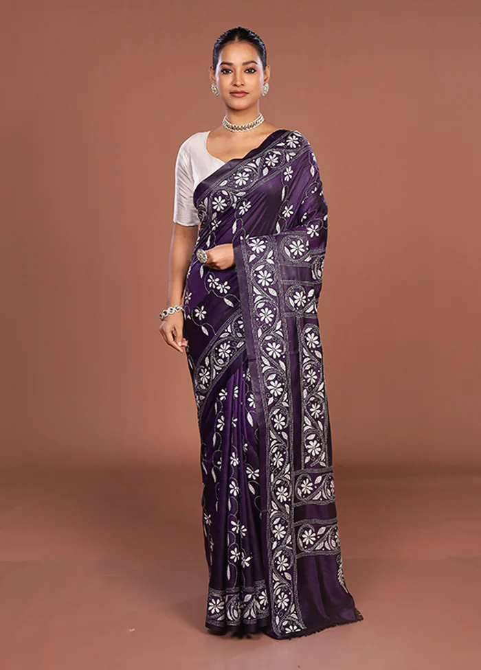 Blue Kantha Stitch Silk Saree With Blouse Piece - Image 2