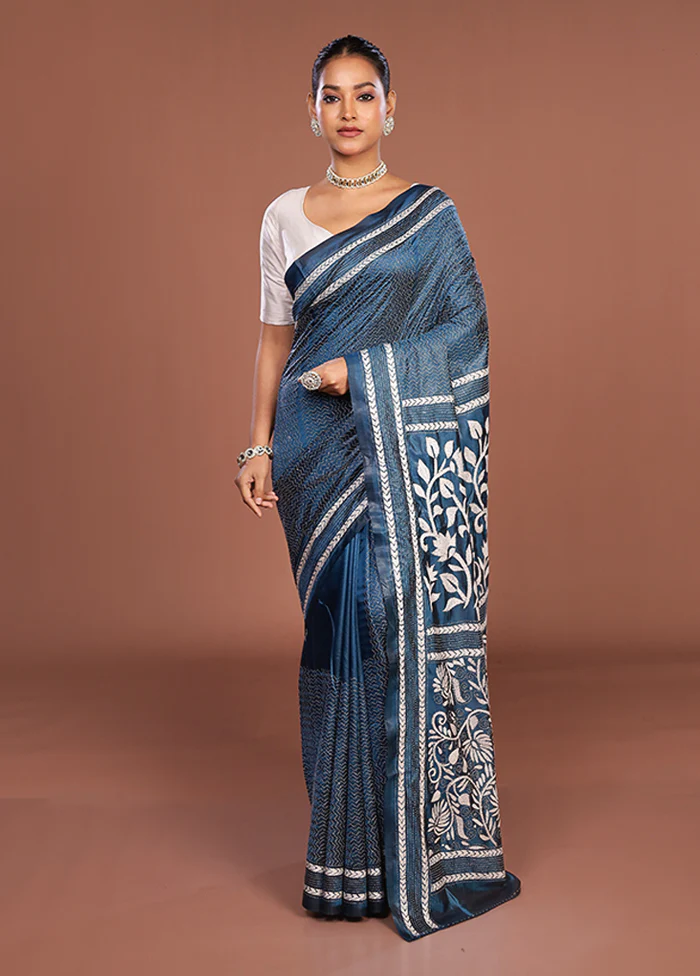Blue Kantha Stitch Silk Saree With Blouse Piece - Image 2