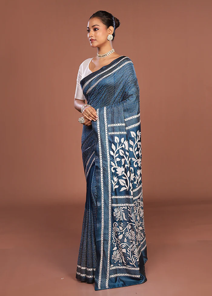 Blue Kantha Stitch Silk Saree With Blouse Piece - Image 4