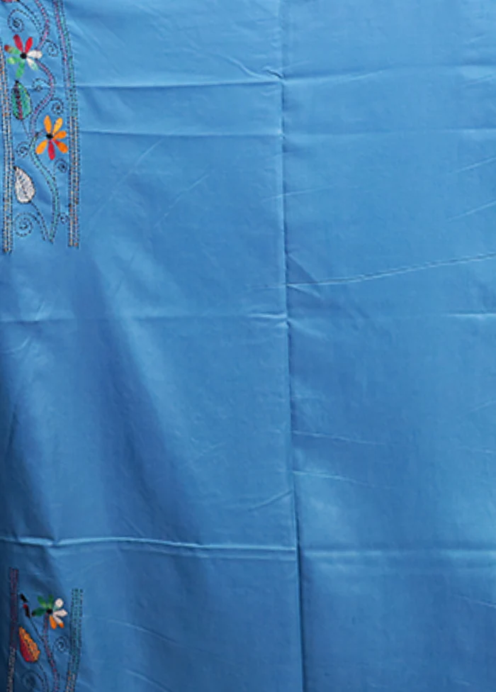Blue Kantha Stitch Silk Saree With Blouse Piece - Image 5