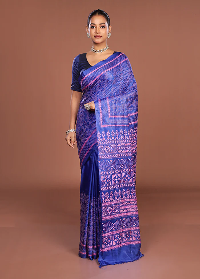 Blue Kantha Stitch Silk Saree With Blouse Piece - Image 2
