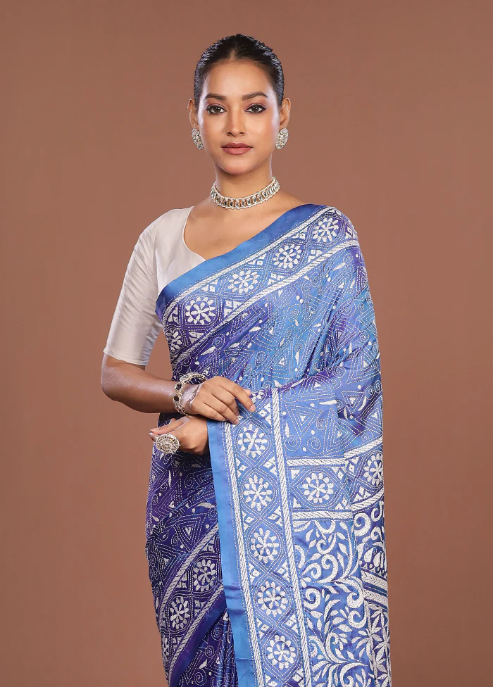 Blue Kantha Stitch Silk Saree With Blouse Piece