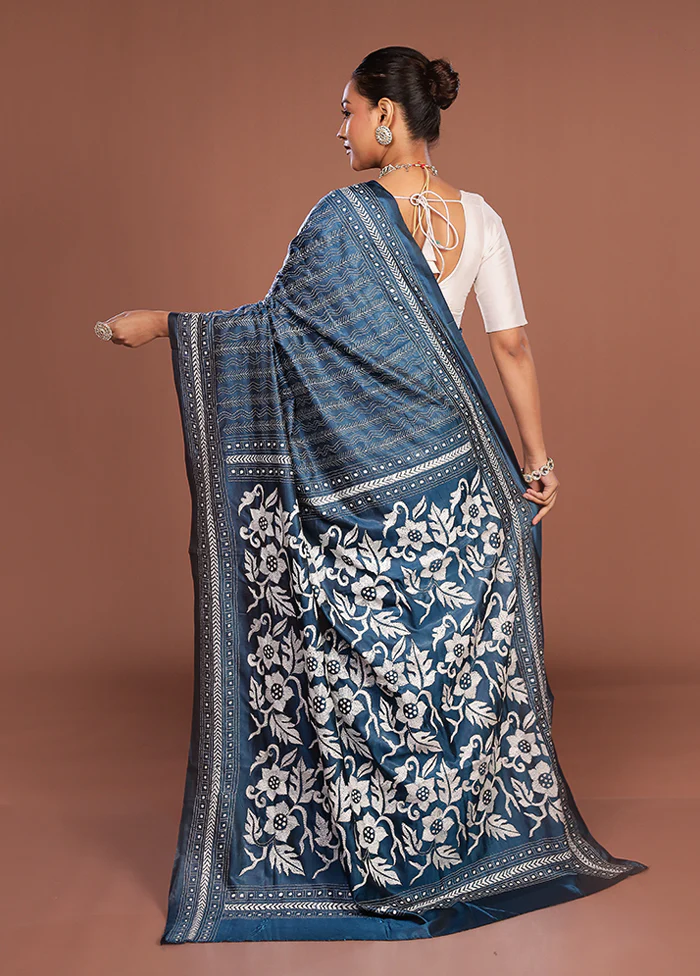 Blue Kantha Stitch Silk Saree With Blouse Piece - Image 3