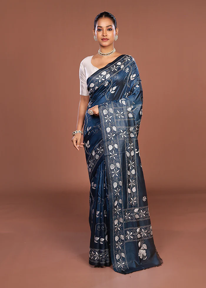Blue Kantha Stitch Silk Saree With Blouse Piece - Image 2