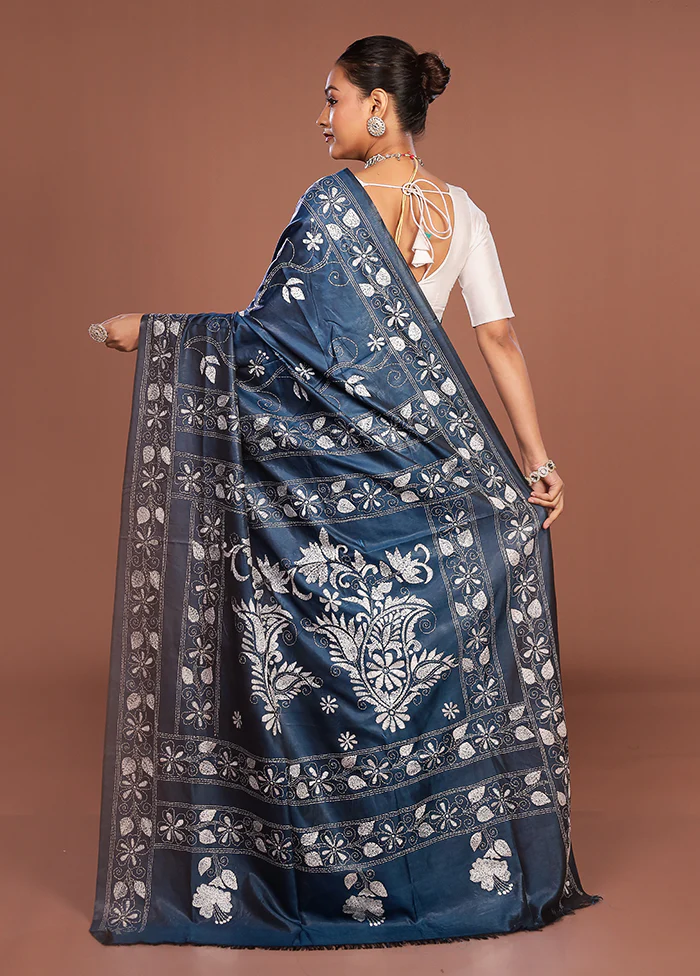Blue Kantha Stitch Silk Saree With Blouse Piece - Image 3