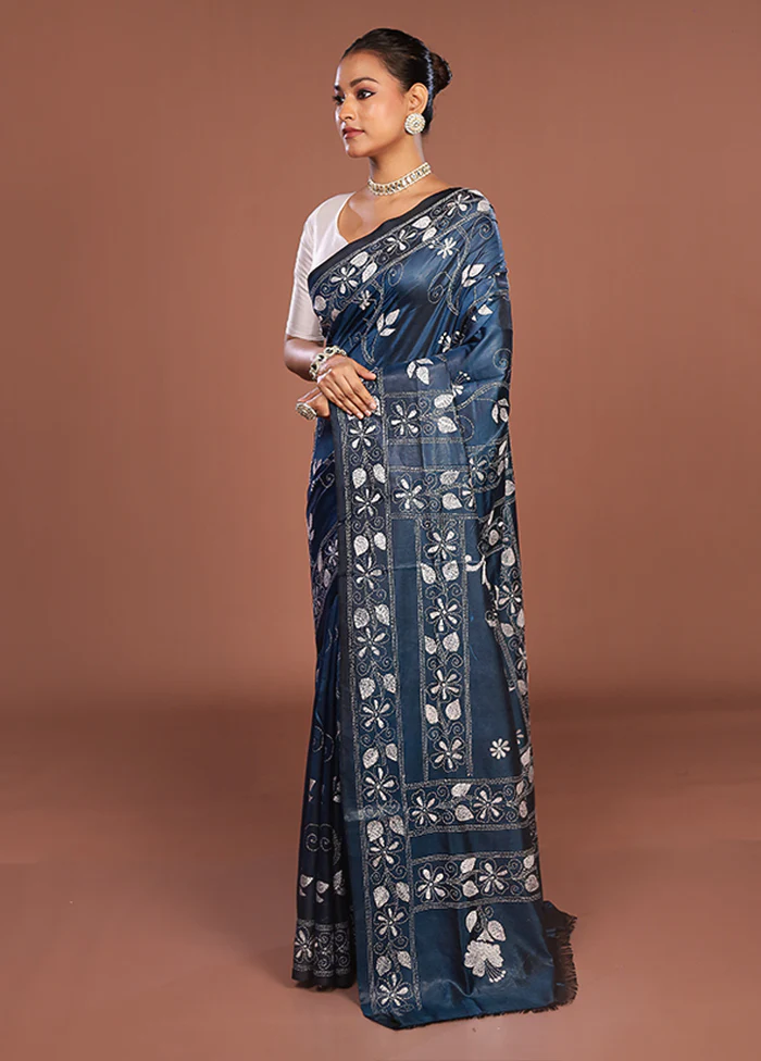 Blue Kantha Stitch Silk Saree With Blouse Piece - Image 4