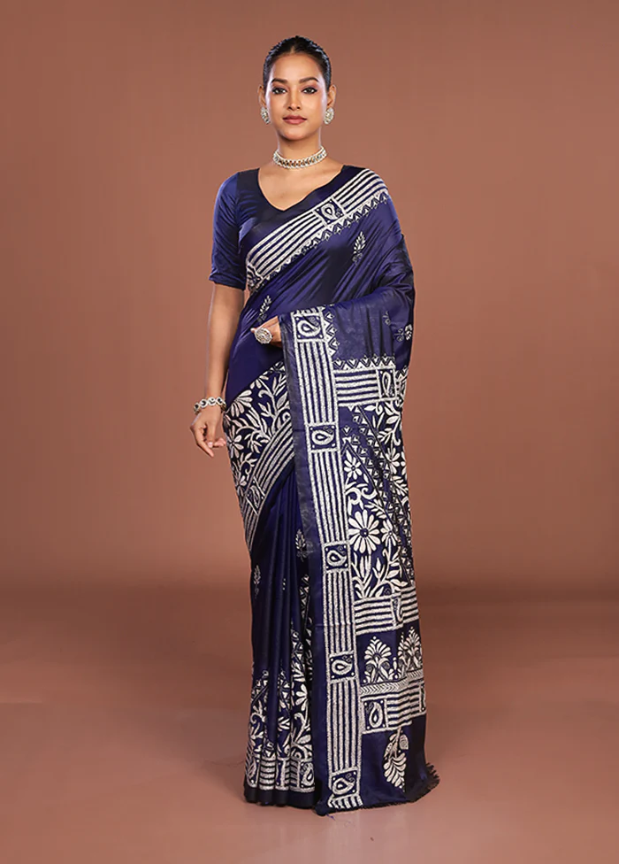 Blue Kantha Stitch Silk Saree With Blouse Piece - Image 2