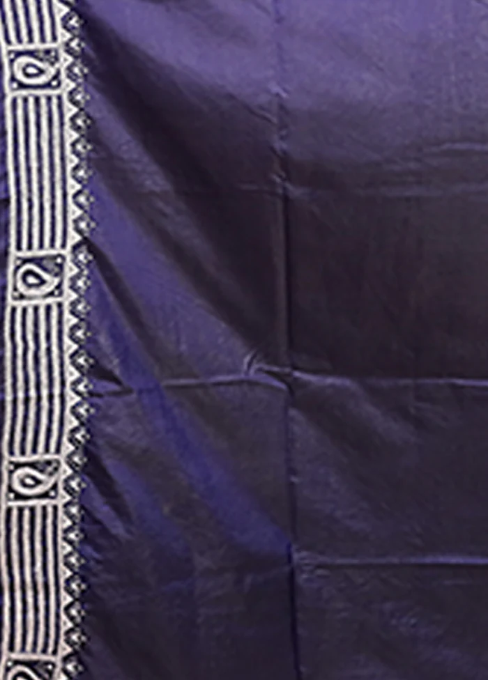 Blue Kantha Stitch Silk Saree With Blouse Piece - Image 5