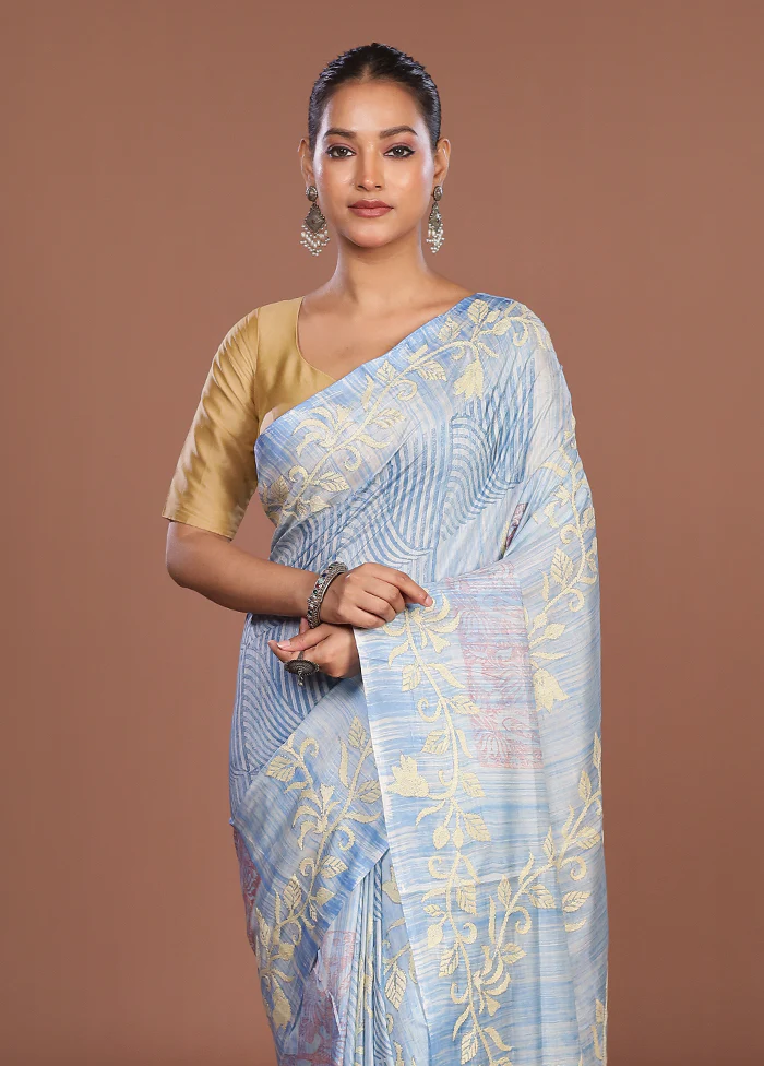 Blue Kantha Stitch Silk Saree With Blouse Piece