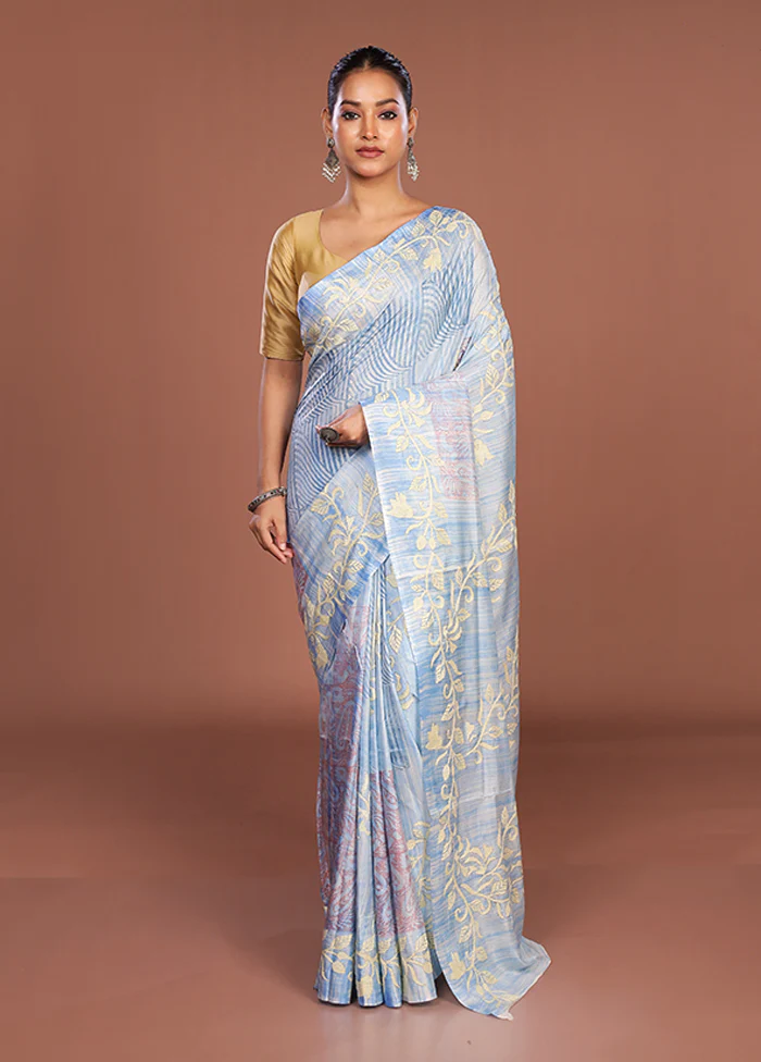 Blue Kantha Stitch Silk Saree With Blouse Piece - Image 2